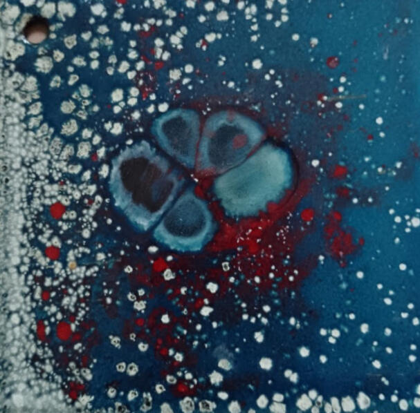 Petit animal dans la neige et les camélias, ( email sur acier, 10*10 cm)