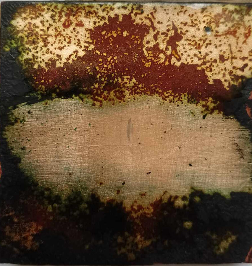 Réveil dans la baie des oliviers, (email sur cuivre, 6*6 cm)